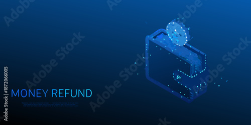Isometric digital illustration of a money refund concept with glowing particles