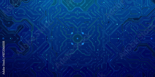 Abstract blue circuit board pattern with glowing lines and hexagonal shapes