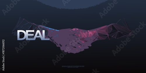 Abstract polygonal handshake illustration with the word deal in bold white letters