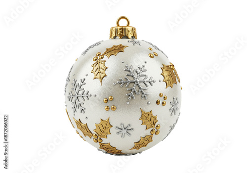 Elegant White Christmas Ornament with Gold Holly and Silver Snowflakes