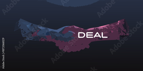 A striking image featuring a handshake formed within a fractured mountain range