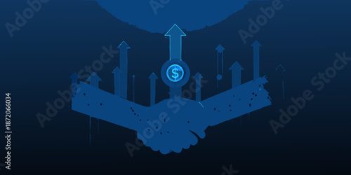 Financial growth and partnership illustrated by a handshake with rising arrows