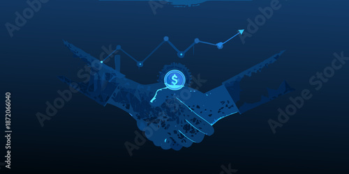 Digital handshake with financial growth indicators in a blue abstract background