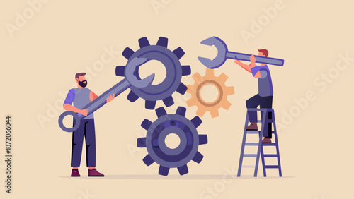 Teamwork and mechanical engineering people collaborating to repair complex gear systems