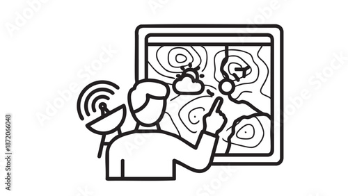 Person analyzing topographic map on digital tablet with stylus