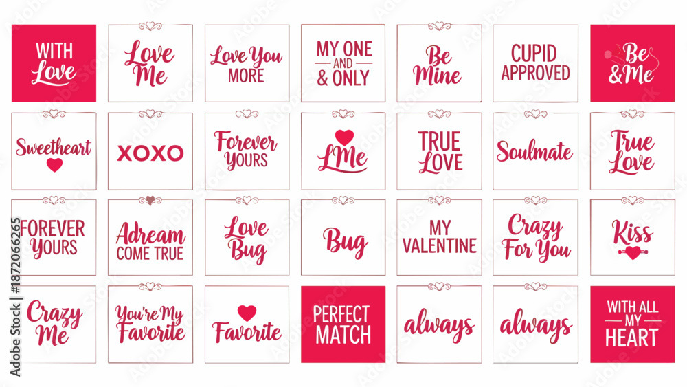 Fototapeta premium A collection of sweet and loving Valentine's Day themed quotes and phrases presented in a decorative, font-rich, and artistic typographic design
