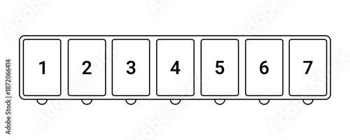 Weekly pill organizer with 7 compartments. Horizontal pill organizer outline illustration.