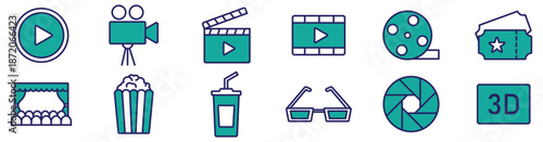 Cinema Icons Set in Vector Style – Movie, Film, Video Media