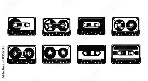 A collection of vintage audio cassettes in a black and white style