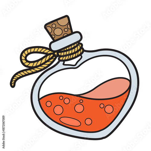 Bottle in the shape of a heart with a love potion and closed with a cork stopper isolated on white background
