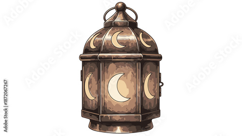 Vintage lantern with crescent moon cutouts, perfect for Ramadan or Islamic celebration decor