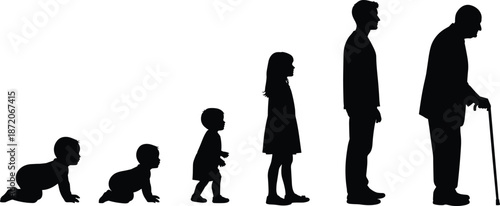 Black silhouettes showing human life cycle stages from crawling baby and young child to adult man and senior with walking cane