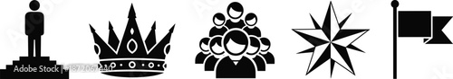 Black leadership and success icon set featuring business podium crown group of people star and flag isolated on a white background