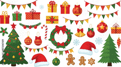 Large collection of Christmas holiday elements including trees gift boxes ornaments gingerbread men and festive decorations isolated on white background background