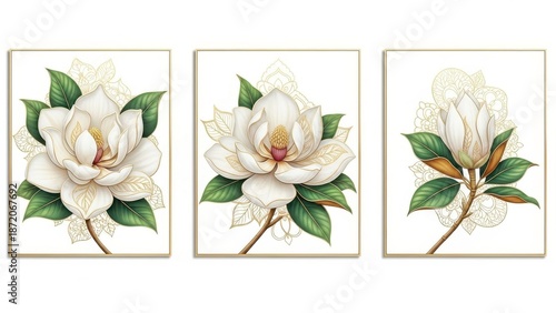 Elegant floral wall art featuring magnolia blossoms and delicate golden lace details arranged in a triptych format for refined interior design