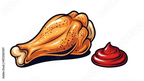 Roasted chicken wing with red sauce on white background