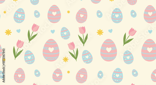 Cute Easter seamless pattern with colorful decorated eggs tulips hearts and spring flowers for holiday seasonal design projects