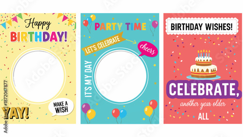 Vibrant birthday cards with celebratory phrases and cake illustration