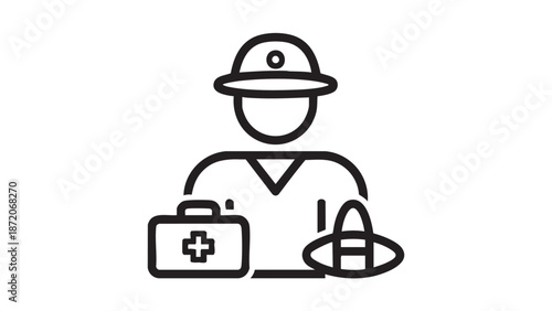 Medical professional holding a first aid kit and a hard hat