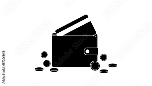 Black wallet with a credit card and scattered coins, representing financial transactions and digital payment, isolated white background