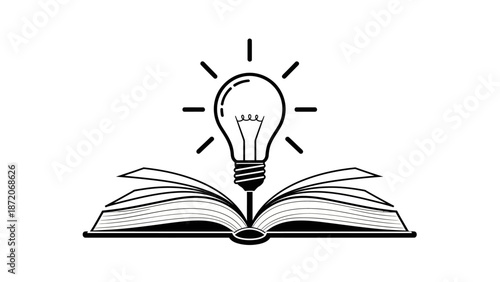 A bright glass light bulb glowing over an open book symbolizes a creative spark and innovative business idea within this modern vector illustration of technology and educational inspiration