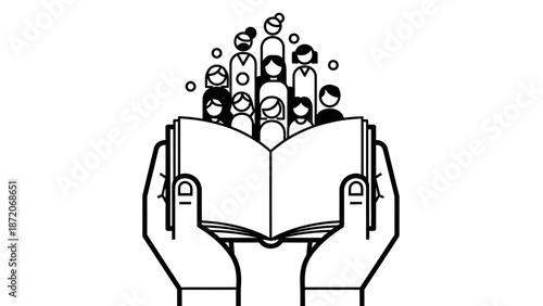 Hand holding a heart over an open book with a magic illustration for education and learning isolated on white