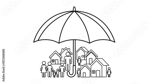 A colorful vector illustration of a protective umbrella icon providing security against rain and sun for a house under a blue sky in autumn weather