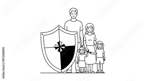 Family Protection with Shield, Caring Parents and Children Standing Together on Isolated White Background