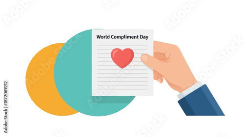 Hand holding World Compliment Day note with a heart and pie chart, appreciation concept, isolated white background.