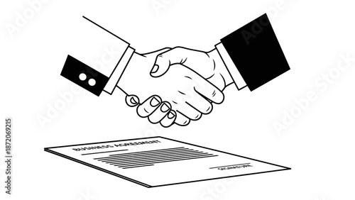 Two business hands shaking over a signed business agreement document, partnership concept, isolated white background.