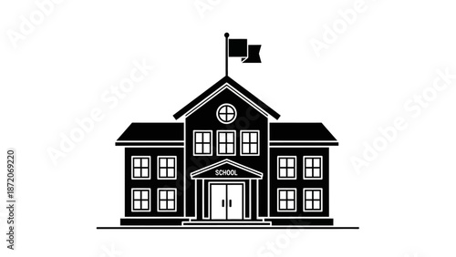 Solid black silhouette of a school building with a flag, symbol of education, isolated white background.
