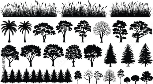 Black tree and grass silhouettes collection featuring palm trees, pine forest, oak, willow, and meadow plants for landscape cad drawing flat vector illustration