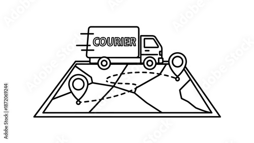 Courier delivery truck on a map with location pins, global logistics concept, isolated white background.