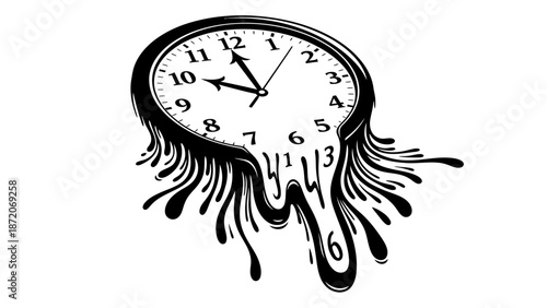 Melting clock symbolizing time running out, urgency, isolated white background.