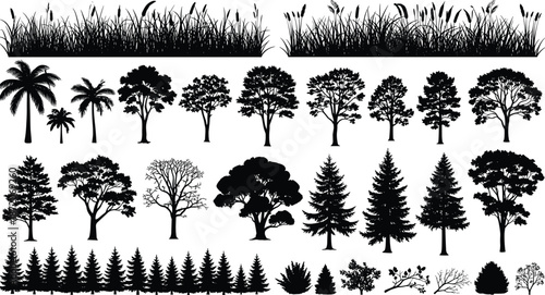 Black Tree Silhouette Vector Set Including Pine Palm Oak And Forest Vegetation For Landscape Architecture Design Business Presentation Garden Layout Planning,