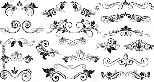 Elegant black floral ornaments, vintage scroll swirl dividers, decorative filigree borders, wedding invitation vector elements, flourish vignettes, ornamental line art set.