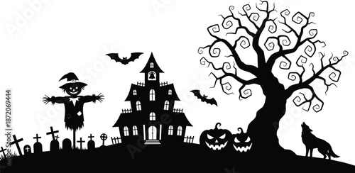 Halloween Silhouette Vector Set Including Haunted House Spooky Tree Scarecrow Pumpkins Bats Wolf And Graveyard For Holiday Party Invitation Decor Design,