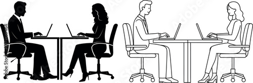 Business People Working at Desks Silhouette and Line Illustration