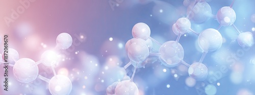 Molecules connected, blurred pink and blue background, soft light and sparkle