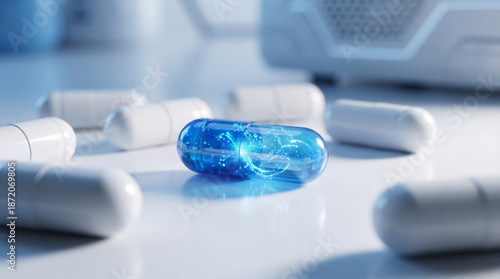 Close up of medical capsules and pills on clean surface, representing healthcare treatment, pharmaceutical industry, medication dosage and clinical medicine.