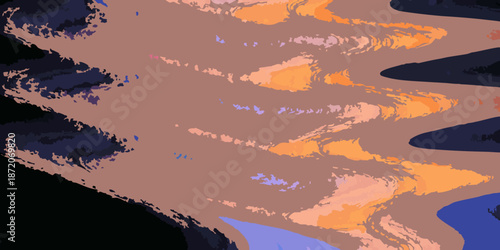 Abstract landscape with warm and cool tones featuring swirling cloud shapes