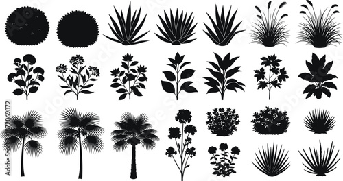 Tropical Plant Silhouette Vector Set Including Palm Trees Bush Grass Flower And Garden Vegetation For Architectural Landscape Design Layout Business Presentation