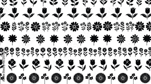 Black floral silhouette collection, flower border vector set, garden tulip icons, daisy chamomile blossoms, cad drawing flat vector illustration, nature element graphics.