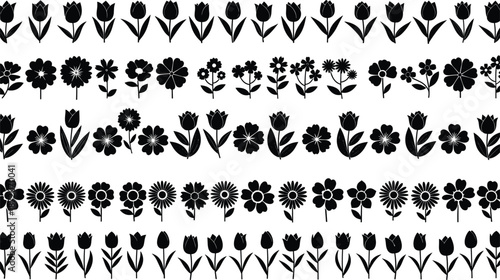 Black flower silhouette collection, floral border vector set, garden tulip icons, daisy chamomile blossoms, cad drawing flat vector illustration, nature element graphics.