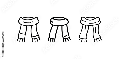 Three scarf icons for winter wear, simple hand-drawn line art style, vector graphics