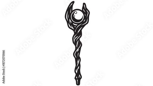 A twisted, abstract illustration of a staff with a circular motif at the top