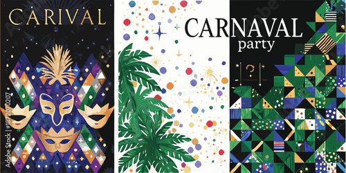 Colorful carnival posters with masks palm leaves and geometric patterns displayed