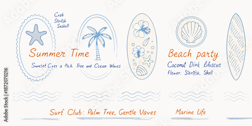 Summer themed sketches featuring surfboards seashells and ocean elements