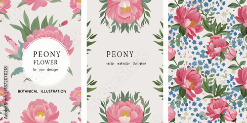 Floral peony patterns and botanical illustrations on vertically oriented design templates