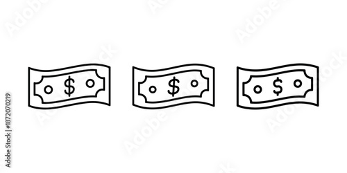 Three wavy line art icons showing dollar bills or currency cash banknotes flat design